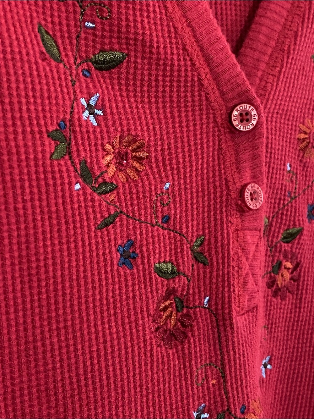 Y2K Red Floral Embroidered Henley Thermal Shirt L Long Sleeve Fairy Grunge Boho - Picture 7 of 9